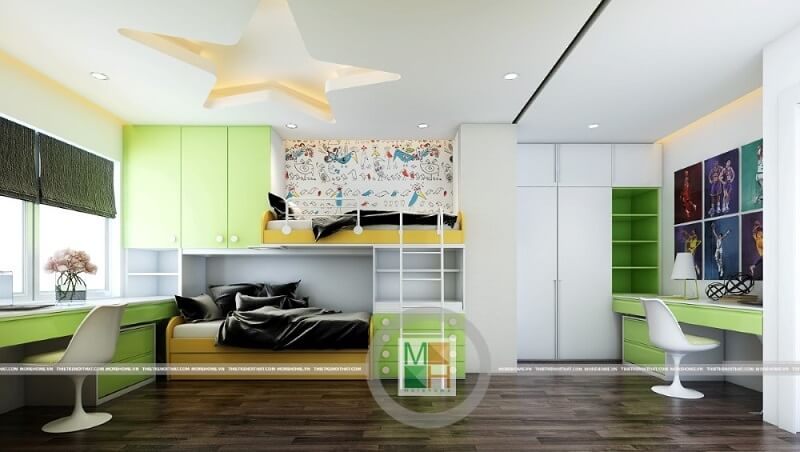 Mẫu thiết kế nội thất phòng ngủ trẻ em hiện đại cho chung cư nhỏ gọn với tông màu xanh chủ đạo