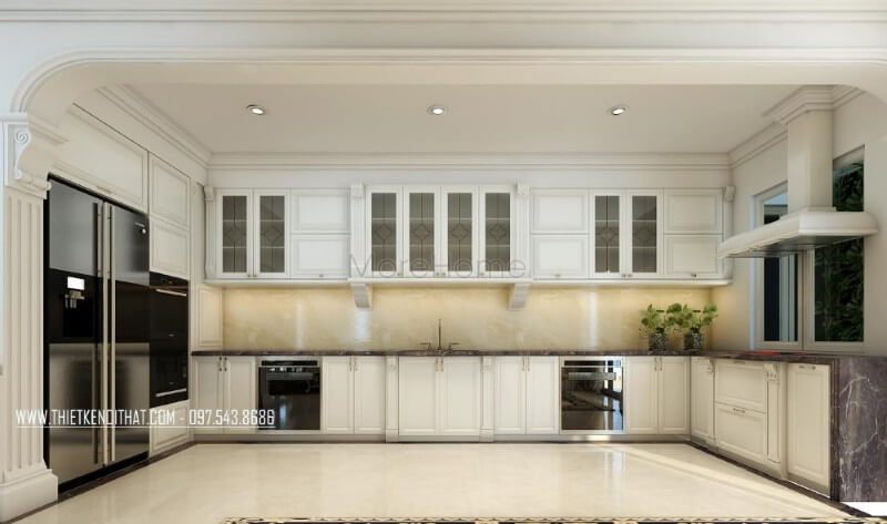Nội thất phòng bếp được thiết kế theo xu hướng mở với các đường nét trạm khắc tinh xảo, tạo nên sự hài hòa trong thiết kế và làm nổi bật phong cách thiết kế hiện đại mà gia chủ muốn theo đuổi.
